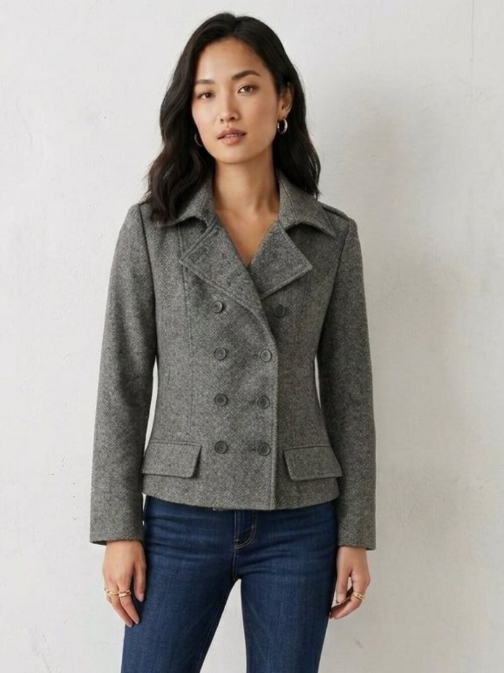J Peterman Silk Wool Cropped Blazer Jacket Gray Tweed Double Breasted Coat 14